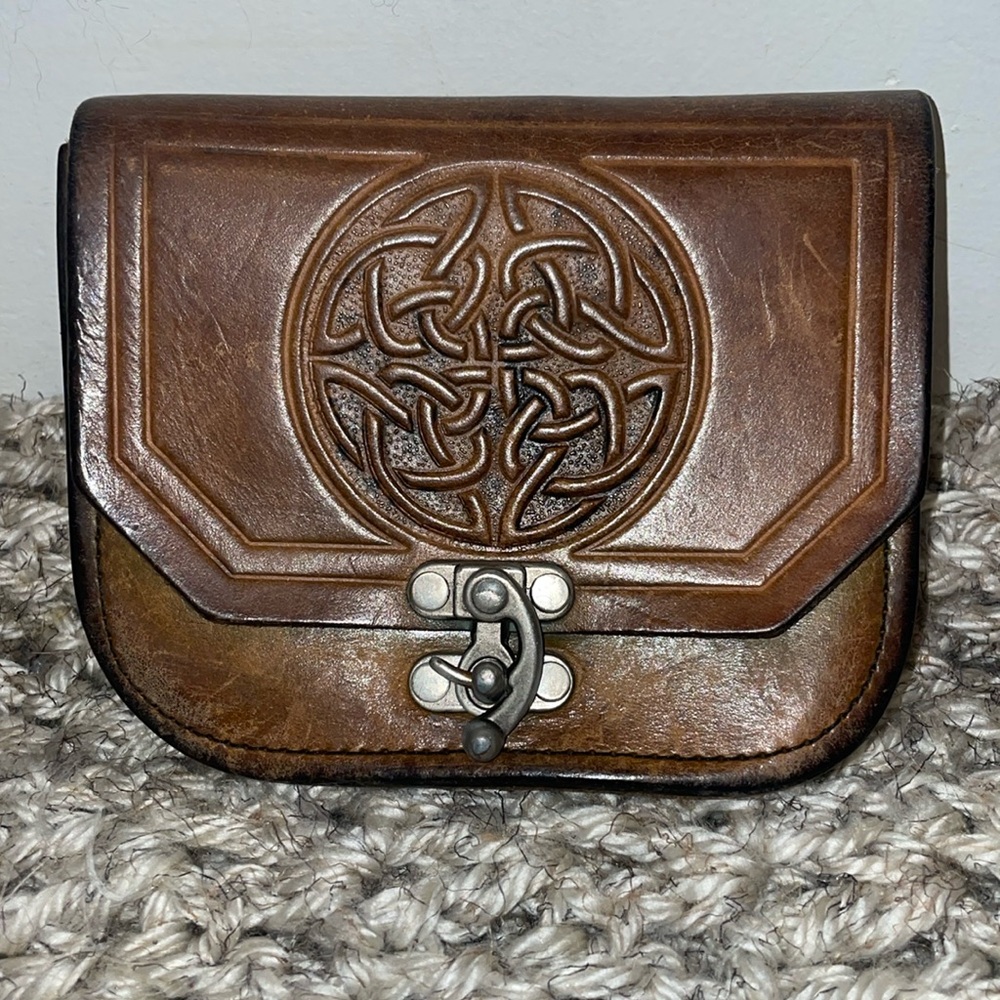 Leather Embossed Celtic Knot Belt Bag Pouch with clasp closure